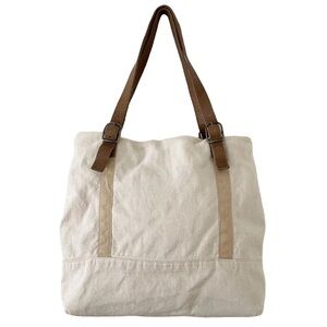 Eileen Fisher natural linen and leather shoulder tote bag